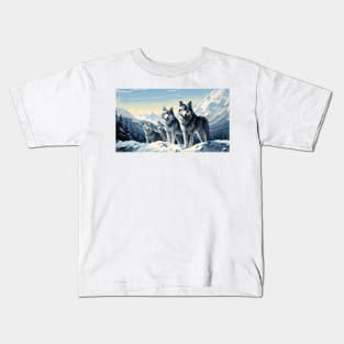 a pack of wolves in a snowy field Kids T-Shirt